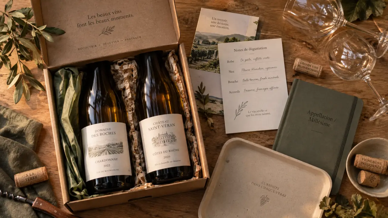 Coffret decouverte vin ouvert, bouteilles et fiches de dégustation