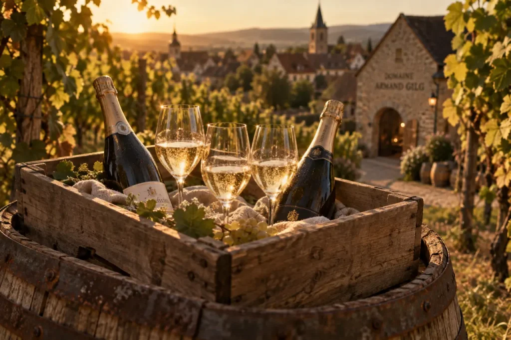 Domaine Armand Gilg vigneron indépendant vins et crémants d'Alsace : verres et bouteilles de Crémant à la golden hour