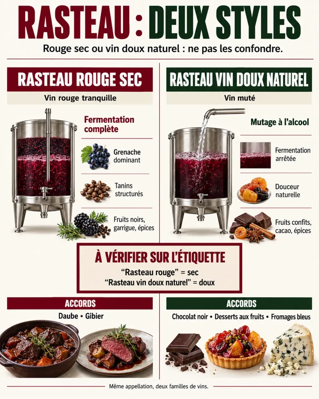 Infographie pour comprendre le rasteau vin rouge sec et le vin doux naturel de Rasteau