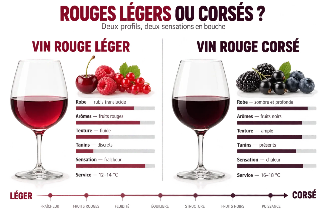 Infographie sur le vin rouge léger et ses différences avec un vin rouge corsé