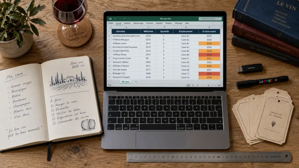 Fichier excel gestion cave vin : colonnes pour éviter les bouteilles oubliées
