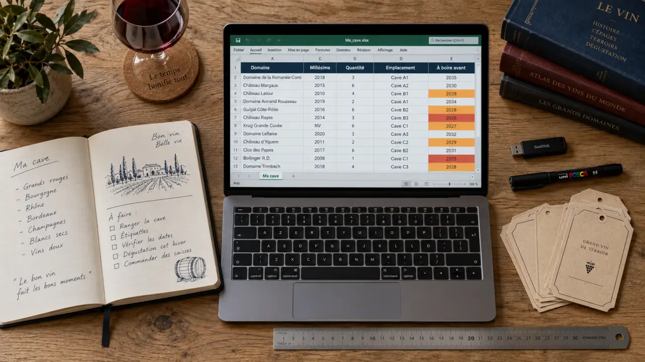 Fichier excel gestion cave vin : colonnes pour éviter les bouteilles oubliées