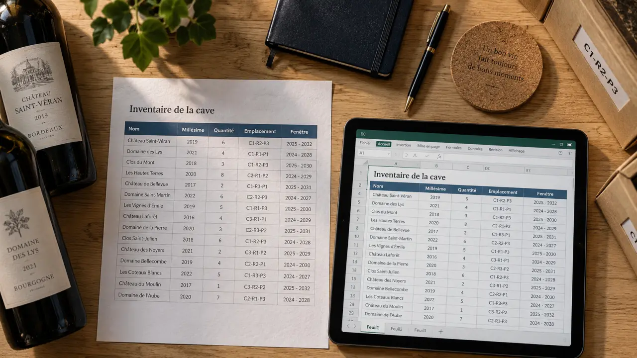 Gestion cave a vin excel : colonnes Nom, Millésime, Quantité, Emplacement