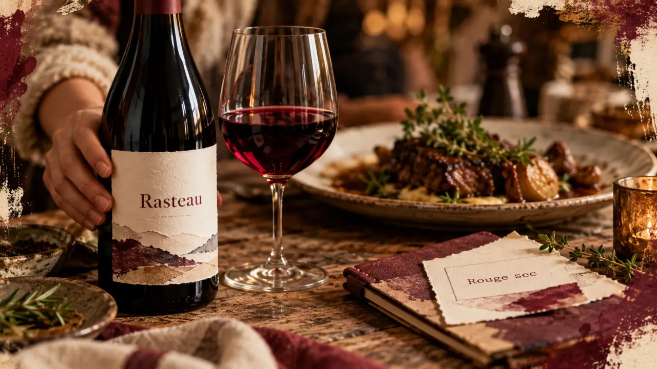 Rasteau vin rouge servi frais, bouteille et verre rubis sur table