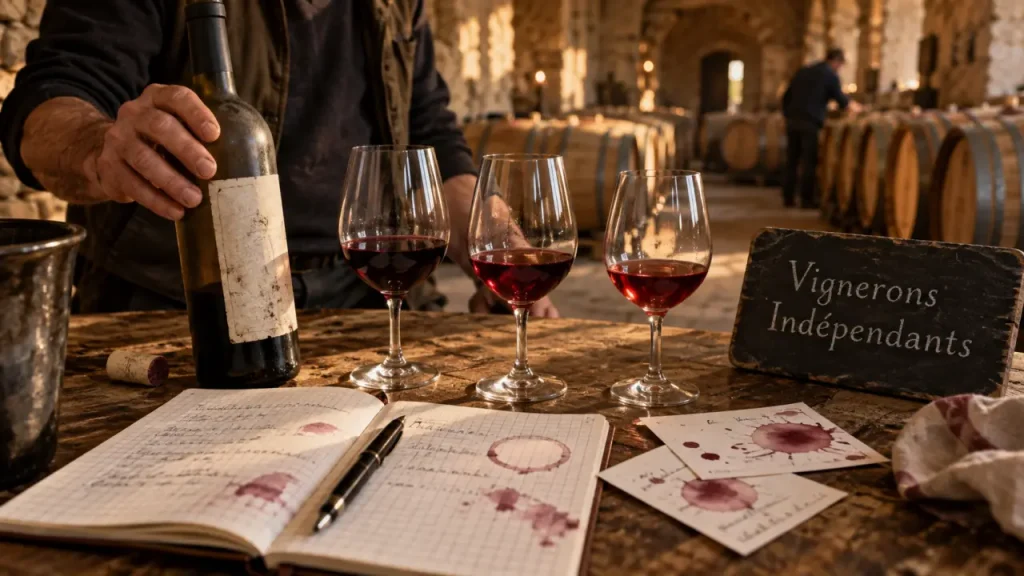 Vigneron indépendant bordeaux à la dégustation au domaine, fiches et verres de vin