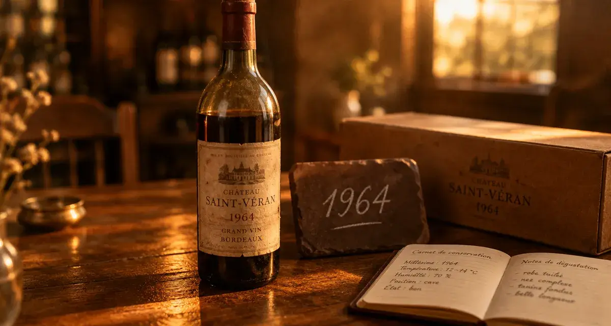 Vin 1964 cadeau : bouteille et coffret sur table bois, étiquette 1964 visible