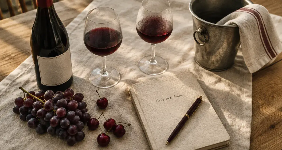 Vin de Loire rouge sur table avec bouteille, verres et raisins