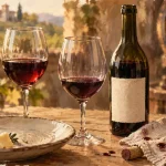 Vin nature : verres et bouteille ouverte sur table en bois