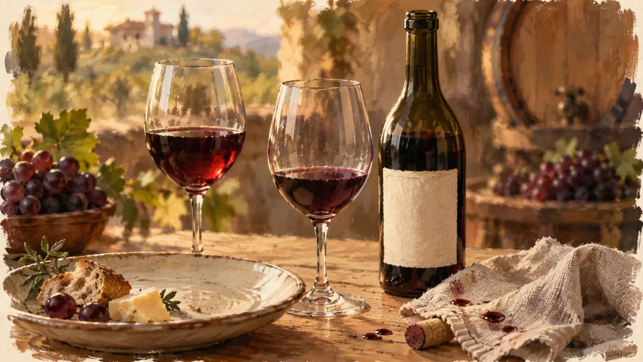 Vin nature : verres et bouteille ouverte sur table en bois