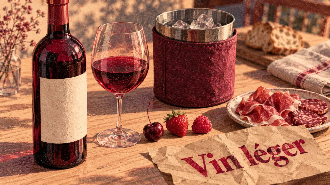 Vin rouge léger : bouteille et verre, fruits rouges